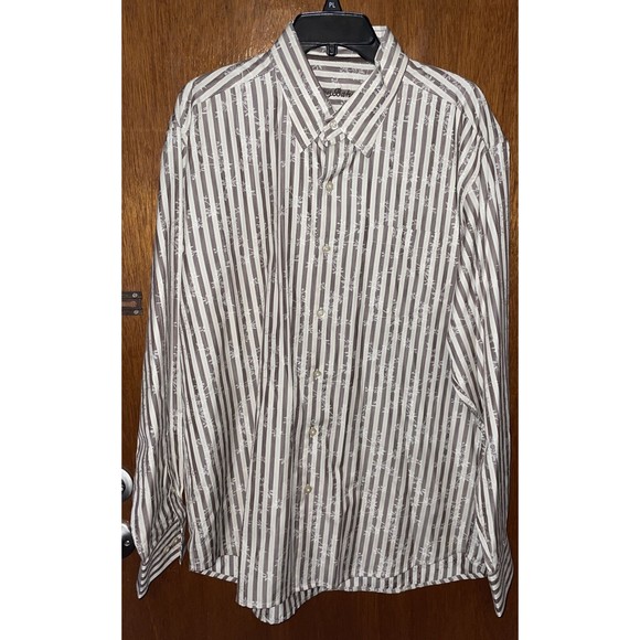 Tommy Bahama Long Sleeve Button Shirt Brown Striped Palm Tree Floral 30% Silk XL - Picture 1 of 7